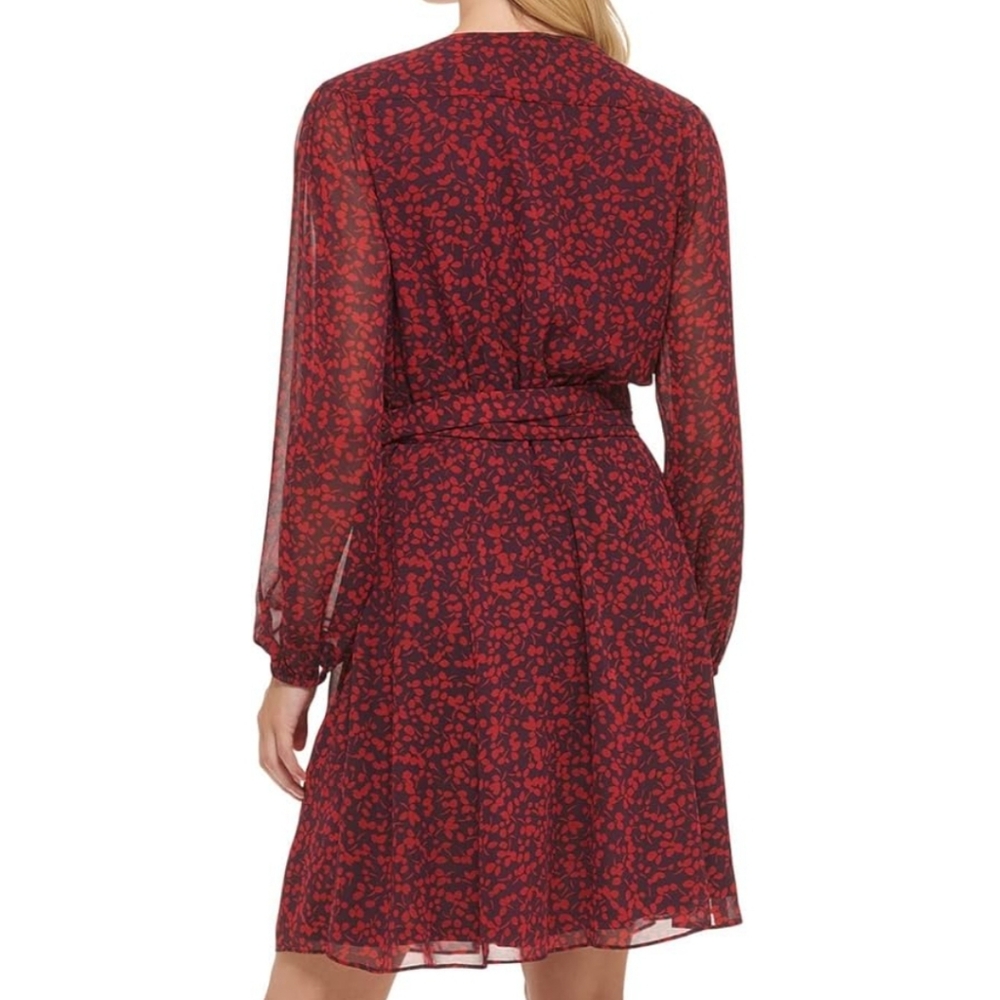 NWT Tommy Hilfiger Long Sleeve Mid Length Dress Red Petal Pattern - Picture 2 of 13